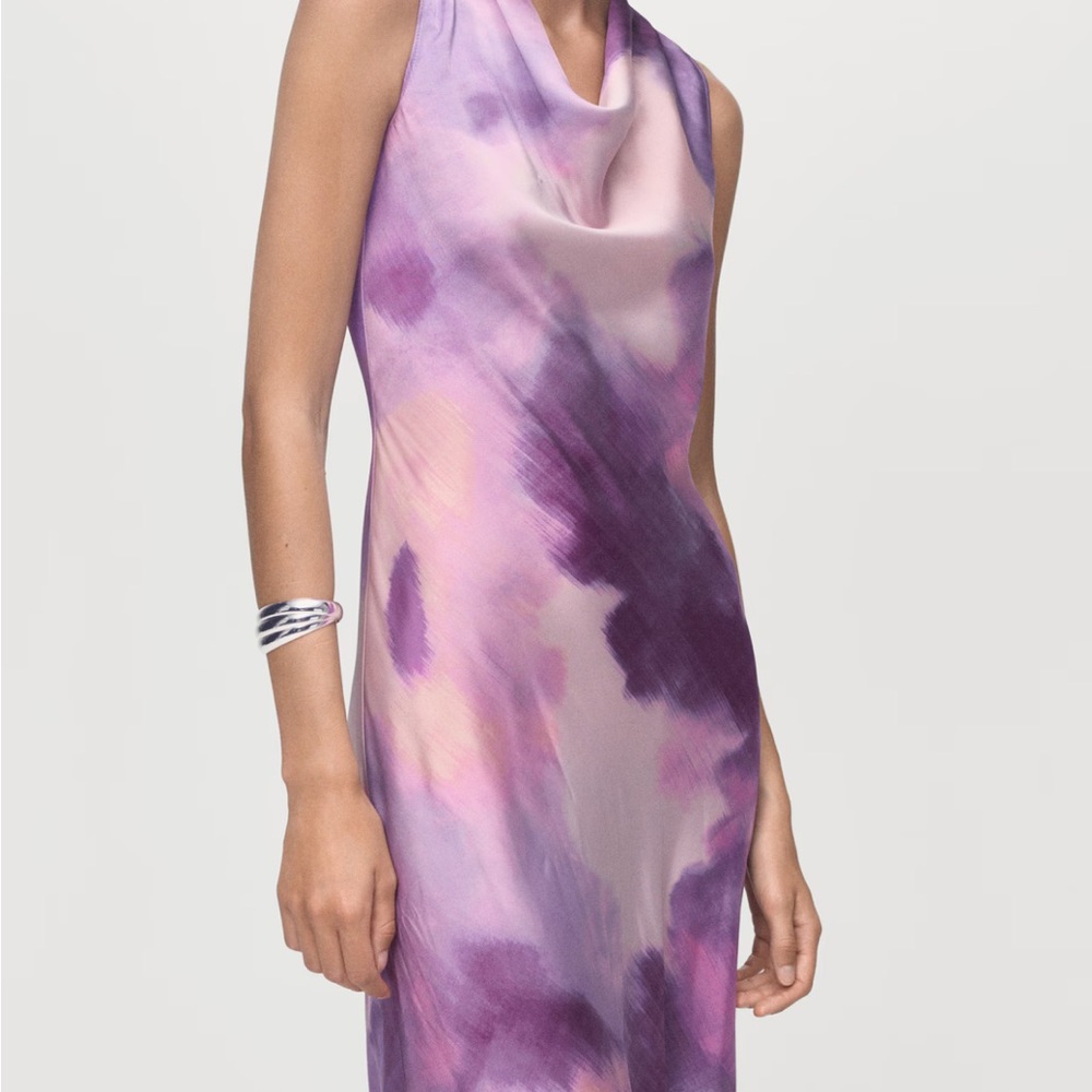 Brand New MANGO - Purple and Pink Midi Dress Satin Drape Neckline